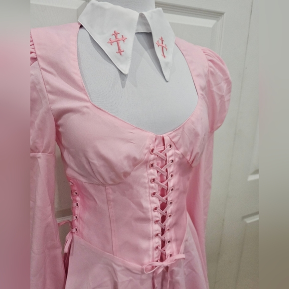 Dolls Kill Pink White Cross Sugar Thrillz Noble Hearted Corset lace up Dress S - Picture 7 of 8